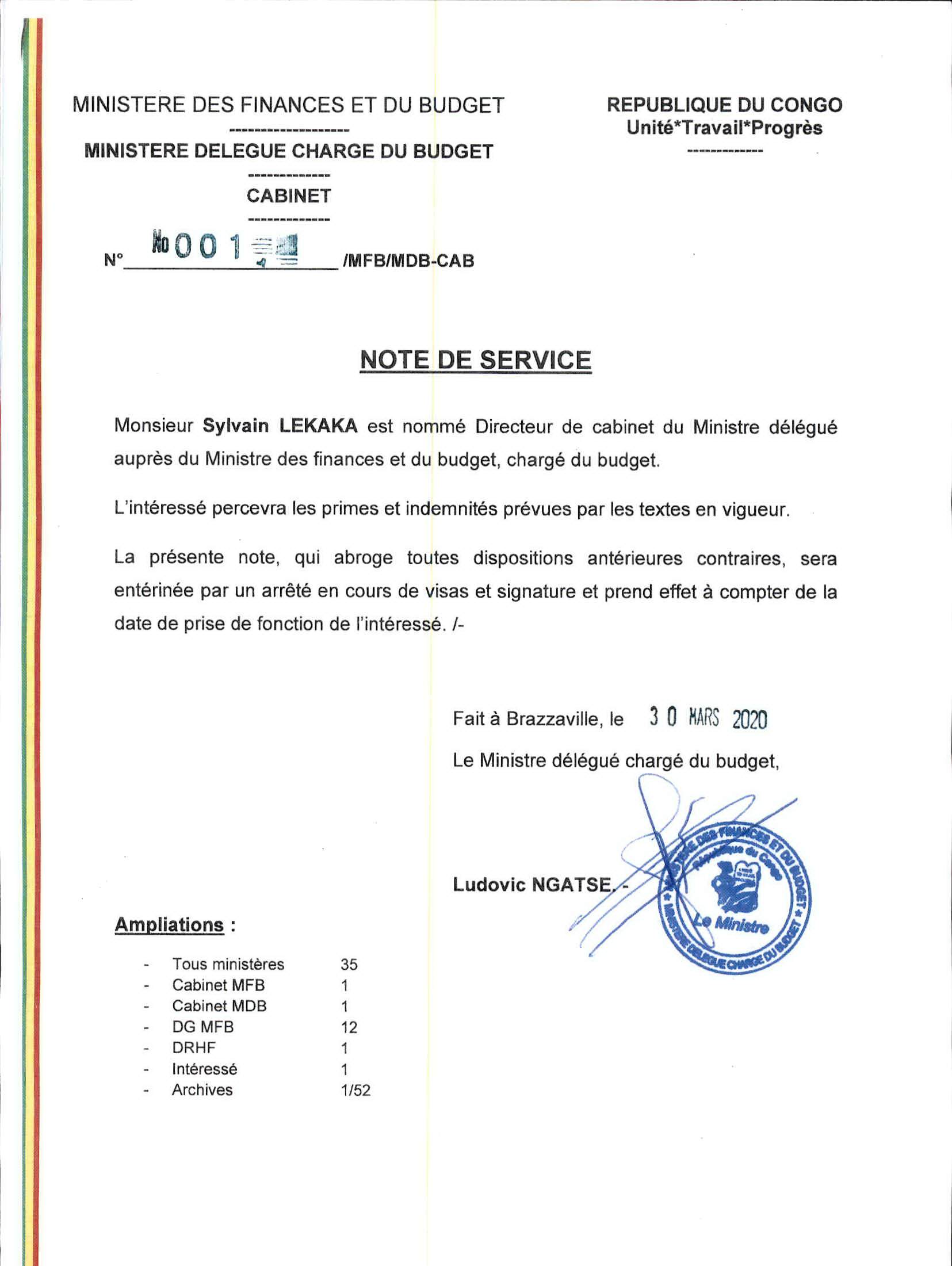 Note de service n°001/MFB/MDBCAB  Ministère de l'Economie et des Finances